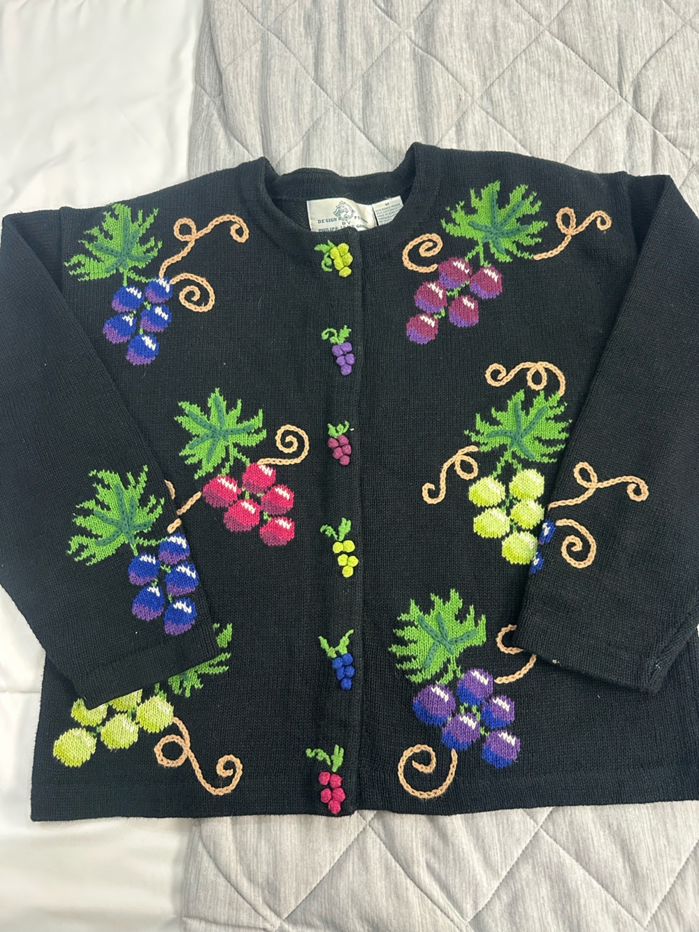 Design Options by PHILIP JANE GORDON Grapes Leaves CARDIGAN SWEATER Black Size m